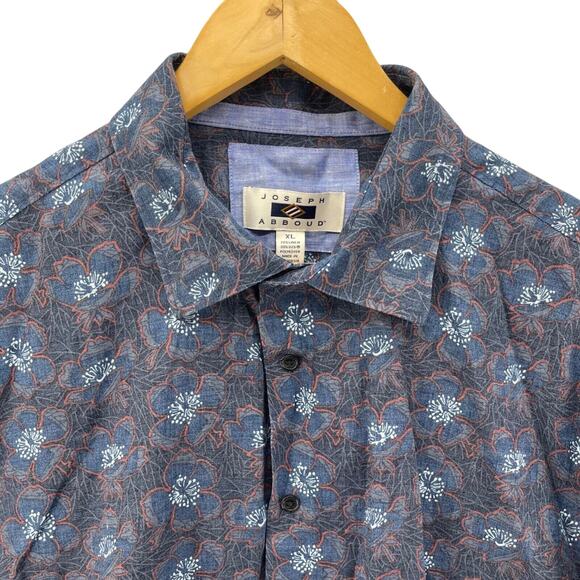 Joseph Abboud Shirt Mens Large Blue Hibiscus Floral Linen Blend Short Sleeve - Picture 1 of 13